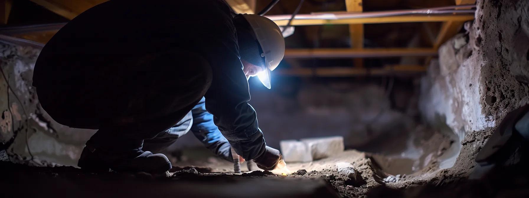 a close-up view of a professional contractor inspecting a foundation's surface in a dimly lit basement, surrounded by waterproofing materials and tools, highlighting the importance of assessing costs for foundation waterproofing in connecticut.