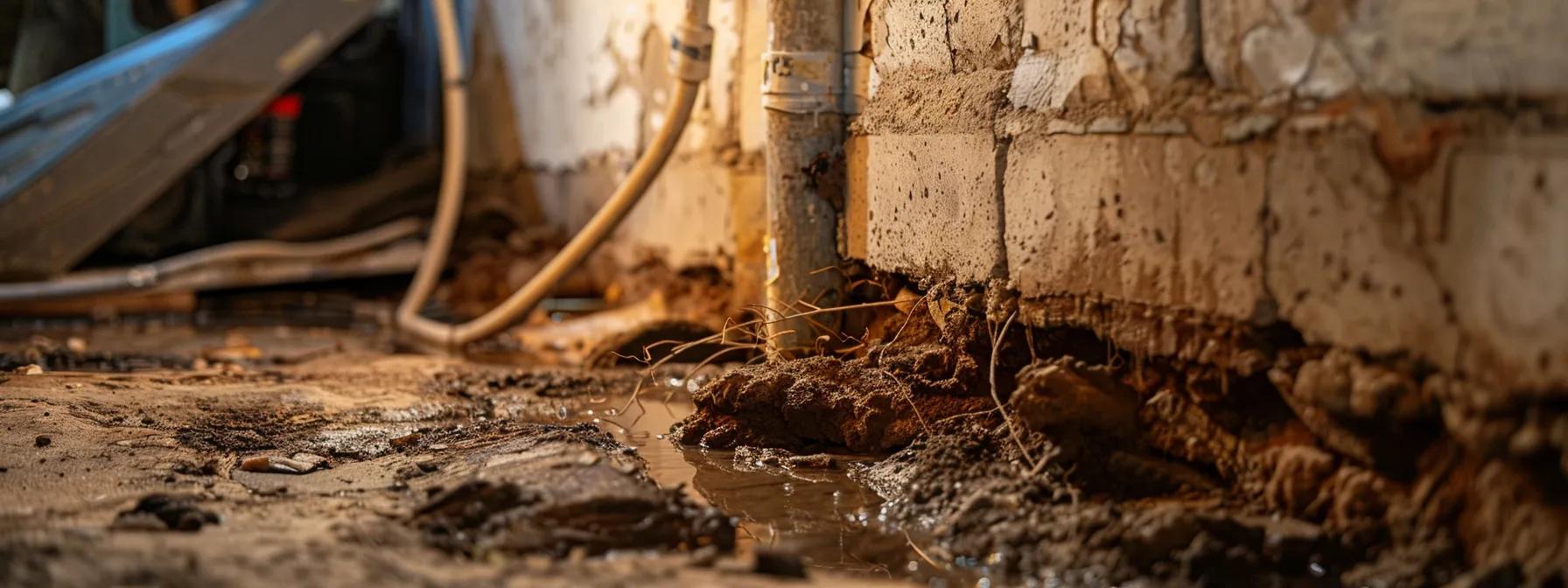 a close-up view of a damp, cracked masonry foundation wall in a dimly lit basement, showcasing the effects of water seepage with visible drainage issues and a backdrop of equipment for waterproofing repairs.