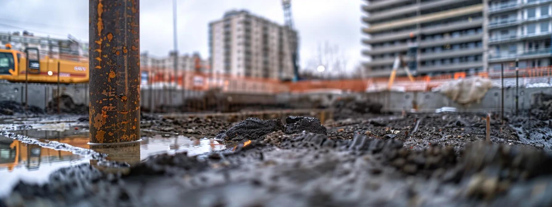 a close-up shot of a robust exterior foundation being treated with advanced waterproofing materials, set against a backdrop of a modern urban construction site under overcast skies, emphasizing the critical nature of long-term water protection amidst structural vulnerability.