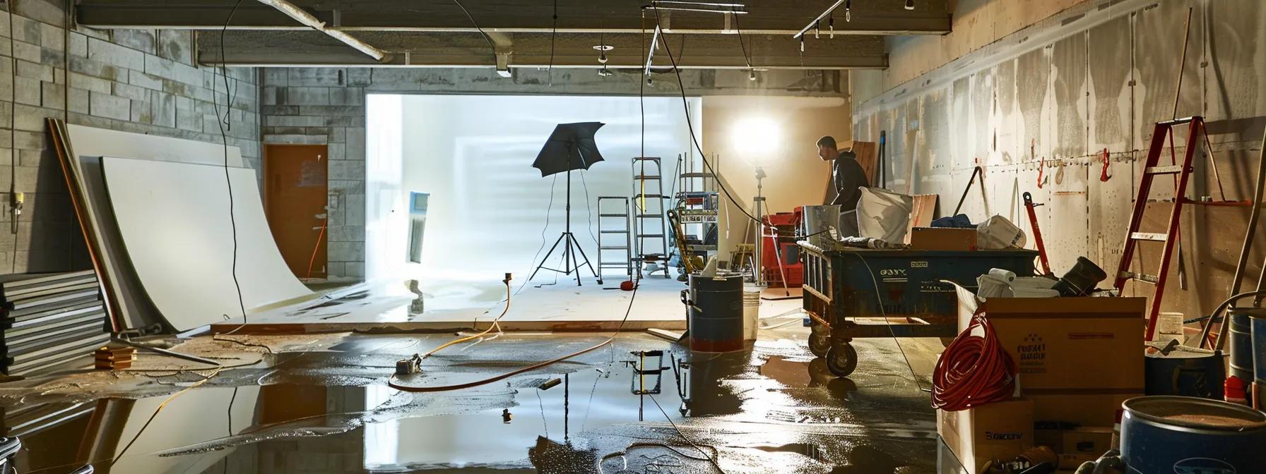 a modern basement undergoing interior waterproofing, featuring a professional applying a sleek, high-tech waterproofing membrane, surrounded by essential tools and equipment in a well-lit, organized urban workspace.