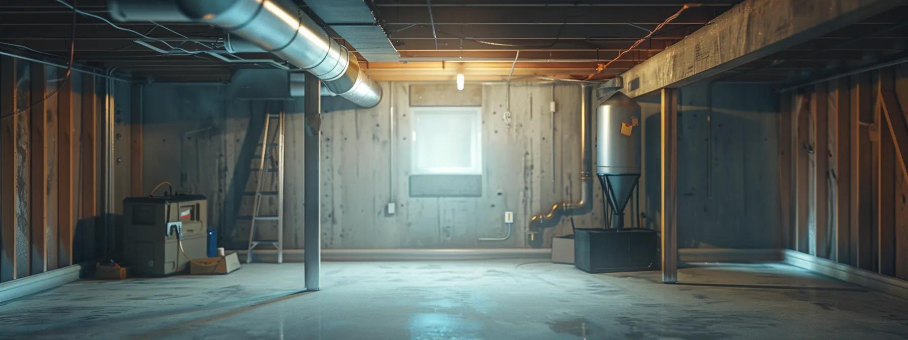 a sharply focused interior scene of a clean and modern basement, showcasing a professional contractor inspecting a newly installed waterproofing system, emphasizing the importance of structural integrity and security in home foundations.