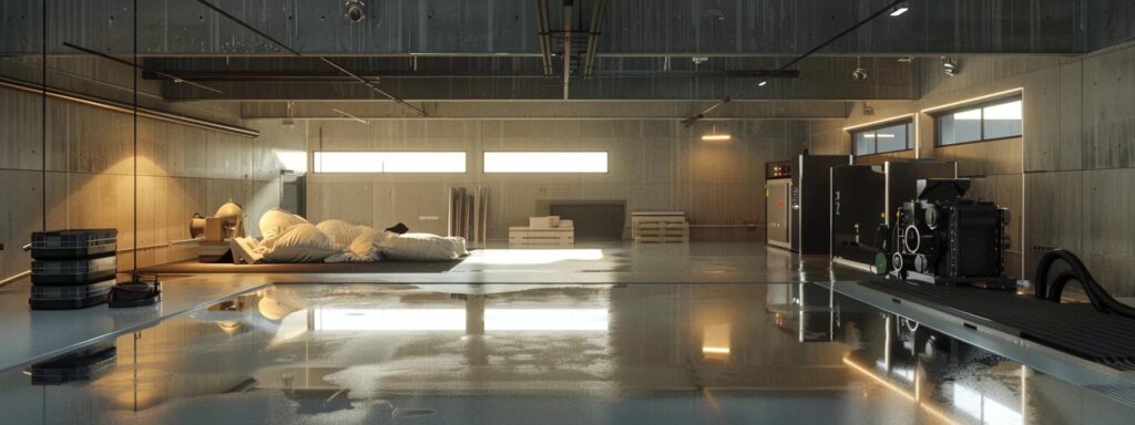 a modern, well-equipped basement undergoing a professional waterproofing treatment, showcasing sleek machinery and a clear focus on the advanced technology used to protect foundations from water damage.