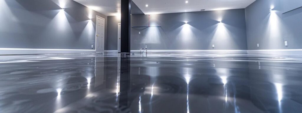 a sleek, modern basement with freshly applied waterproofing coating glistening under bright overhead lights, showcasing our advanced foundation waterproofing services in a clean connecticut setting.
