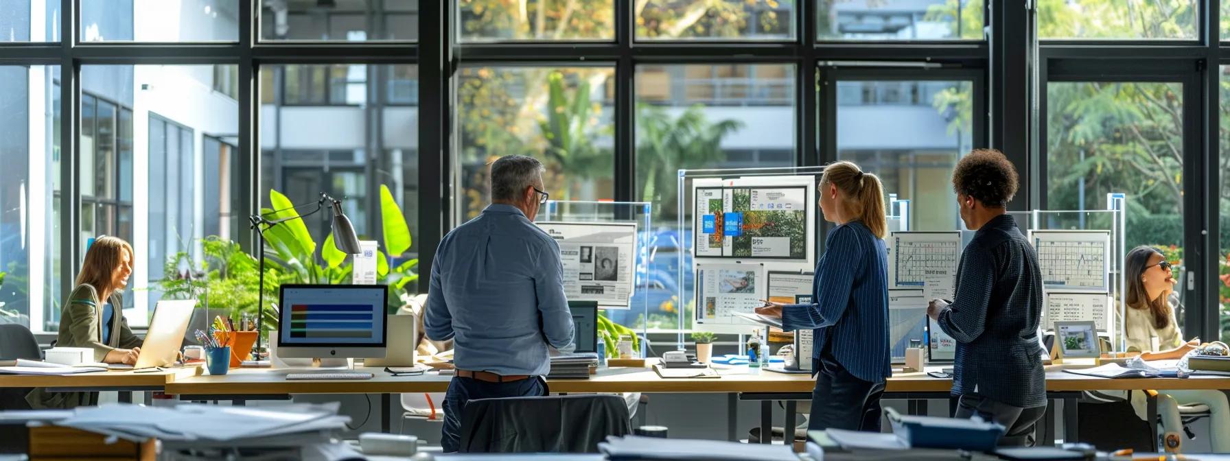 a dynamic office scene showcases a diverse team of professionals engaged in a cost factor analysis discussion, surrounded by detailed charts and blueprints contrasting residential and commercial foundation waterproofing projects.