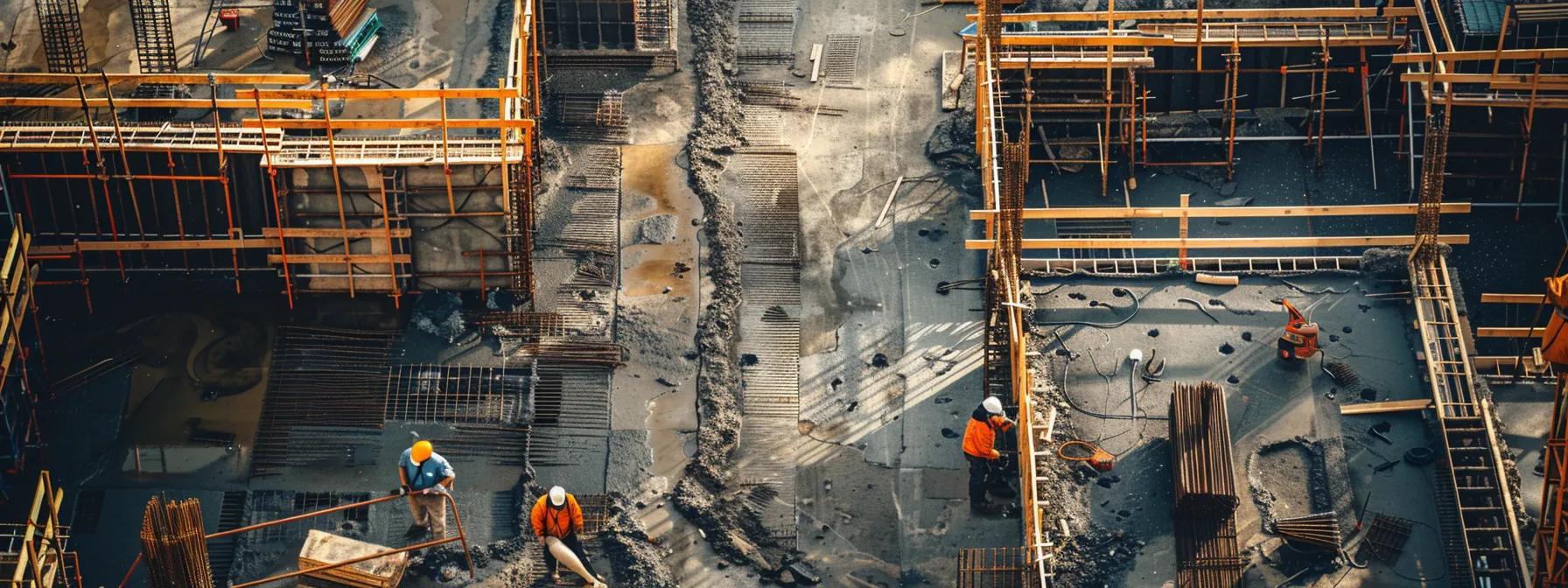 a dynamic urban construction site showcases skilled professionals meticulously applying advanced waterproofing materials to a commercial foundation, highlighting the stark contrast in scale and design compared to residential projects.