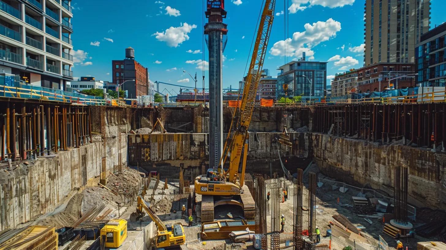 a dynamic urban construction site showcases workers implementing advanced waterproofing solutions on a building's foundation, featuring heavy machinery, neatly stacked waterproof membranes, and clearly marked drainage systems under a bright blue sky.