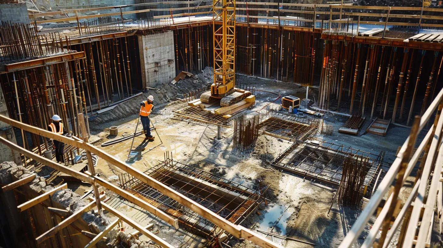 a modern construction site showcases skilled professionals applying advanced foundation waterproofing techniques, with clear visual distinctions between interior and exterior methods amid a backdrop of freshly poured concrete.