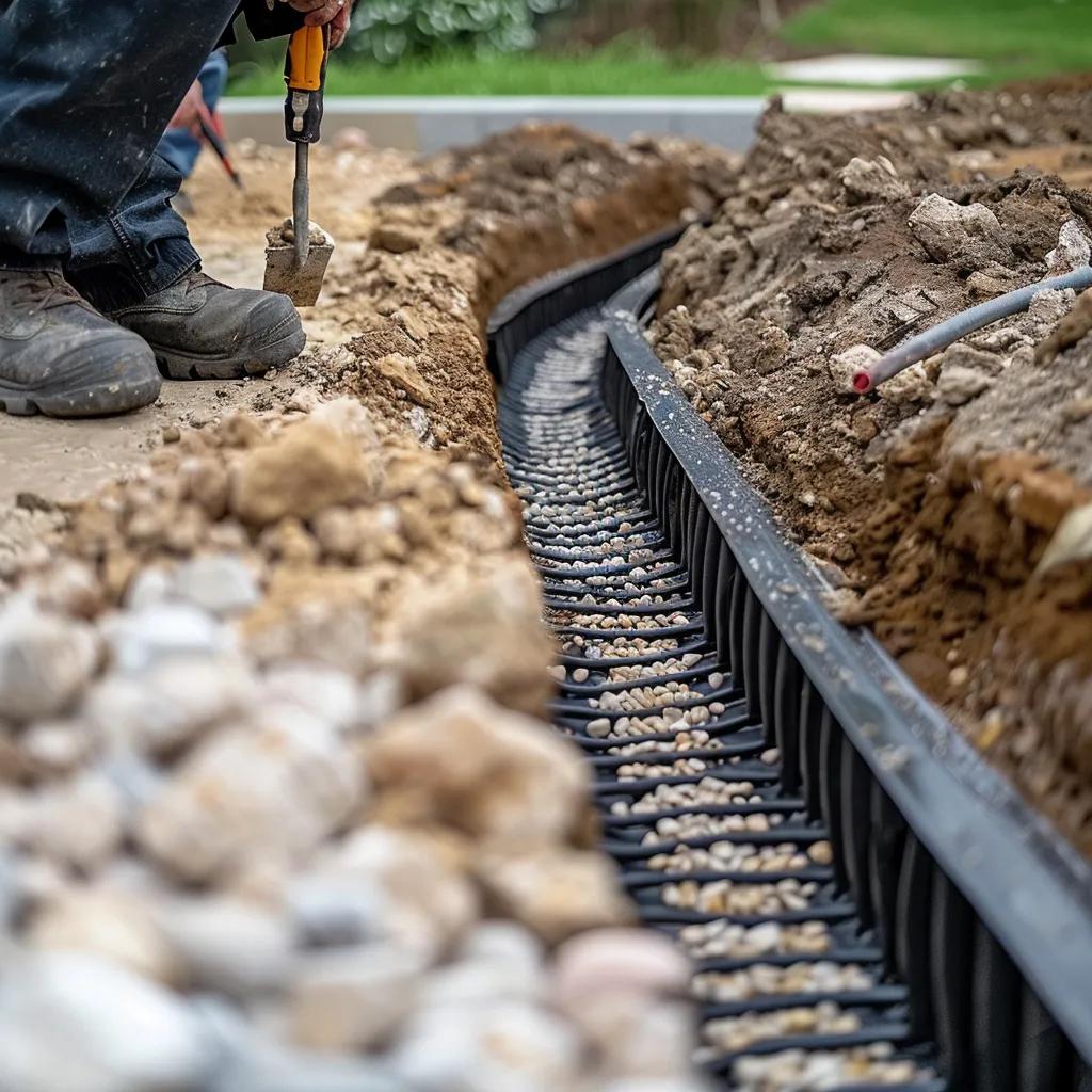 Installation of an exterior French drain system around a foundation for waterproofing