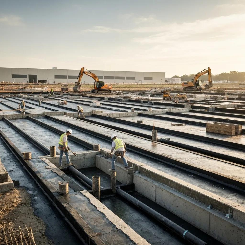 Commercial building construction showcasing waterproofing membranes and drainage systems installation