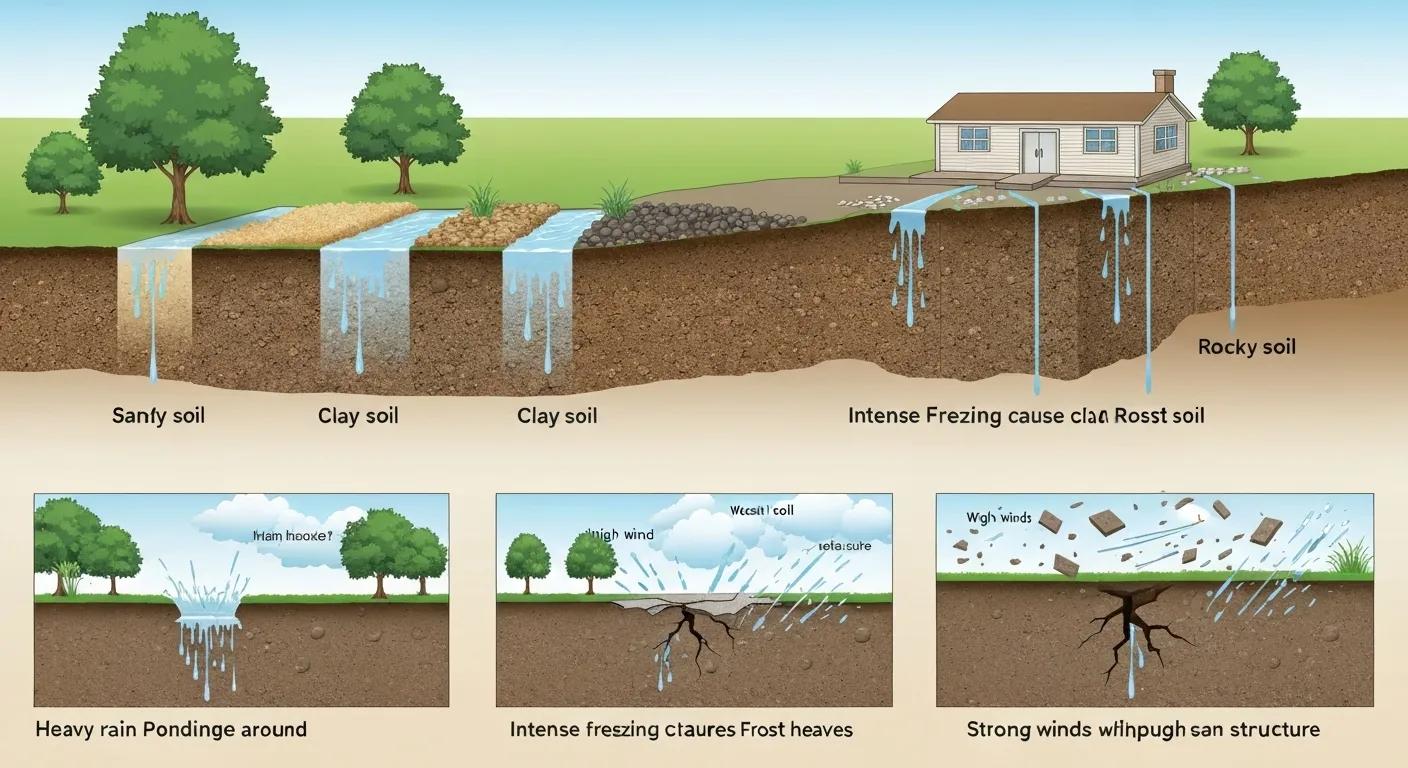Illustration showing different soil types and weather conditions that can affect concrete foundations in the New Haven, CT area.