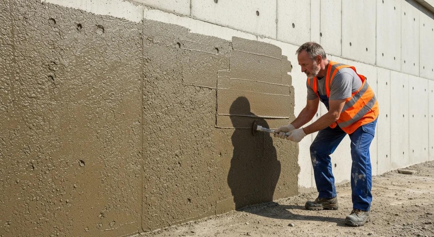 A professional contractor applying a waterproofing solution to the exterior of a concrete foundation.