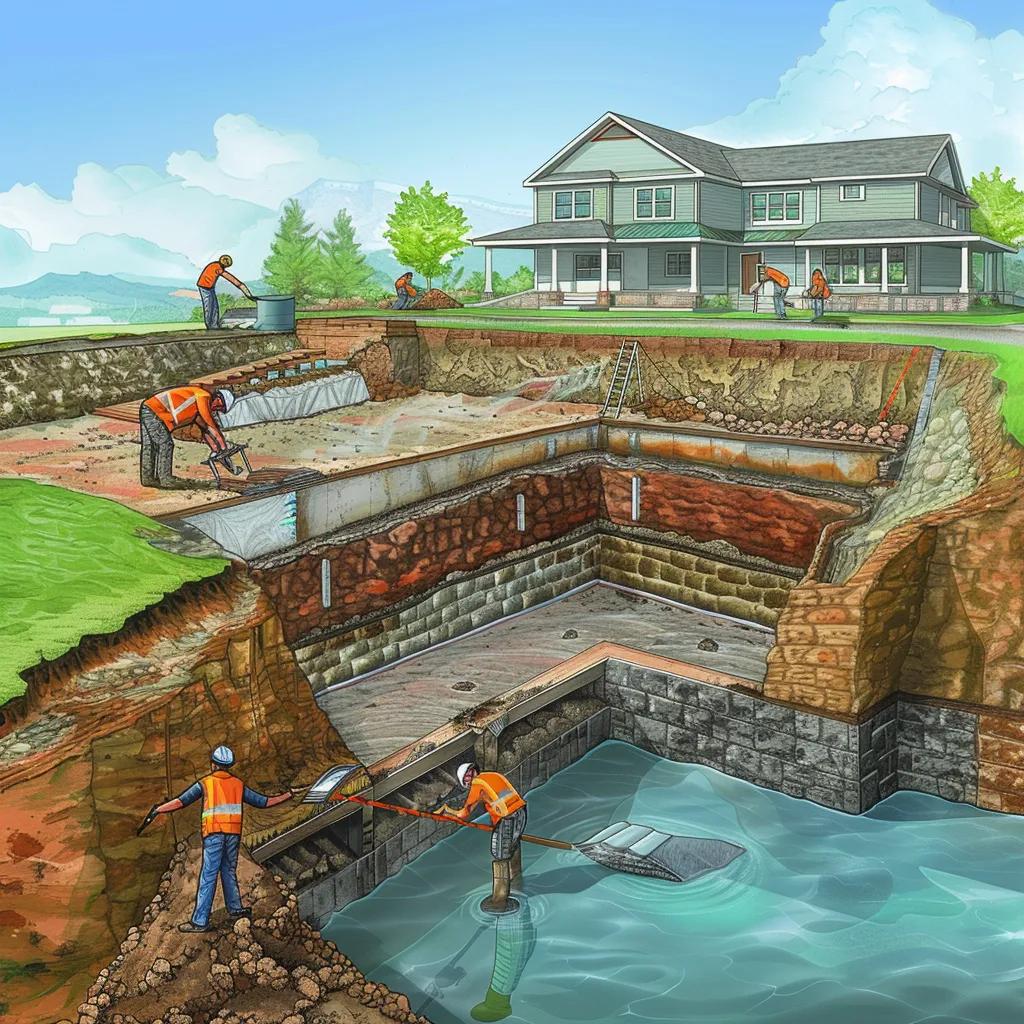 Crew applying exterior waterproofing to a foundation wall